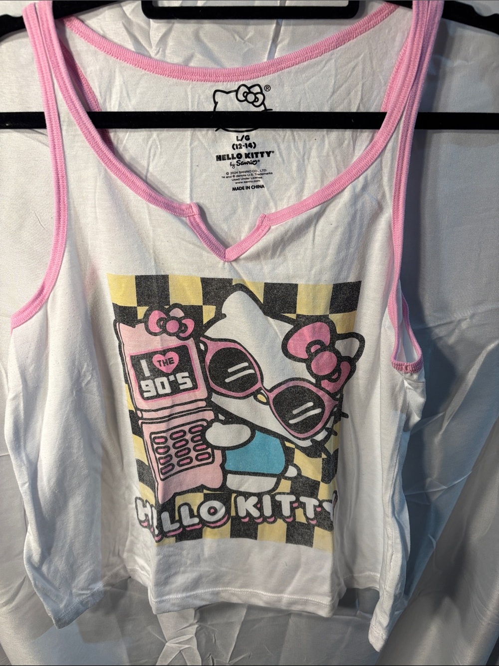 Hello Kitty White Tank Top with Pink Trim and 80s Graphic